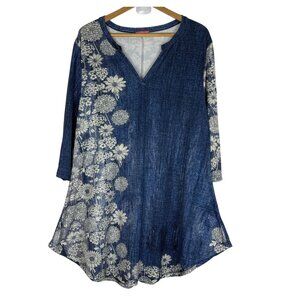 Simply Aster Women’s 1X Tunic Top Blue White Floral Print Boho Casual Stretch